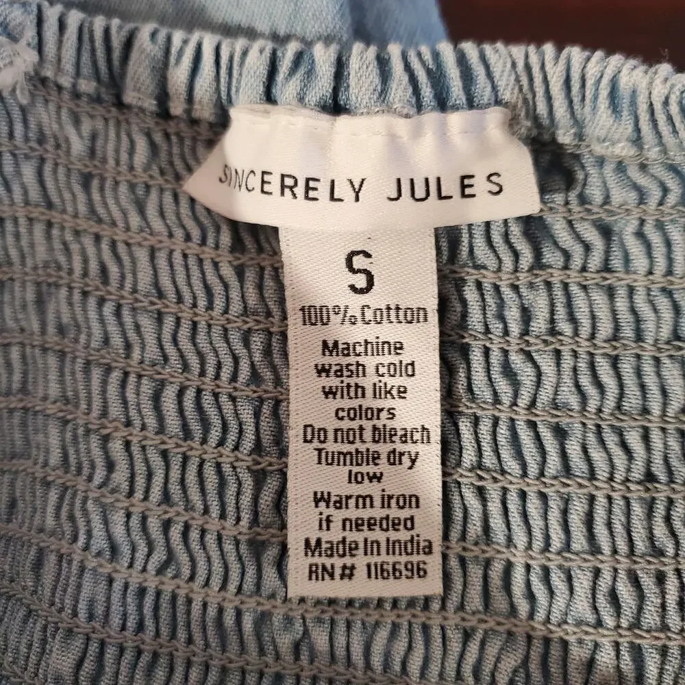 Vtg Y2K Sincerely Jules Smocked Light Denim Jumpsuit Size S Sleeveless Pockets - Picture 5 of 9